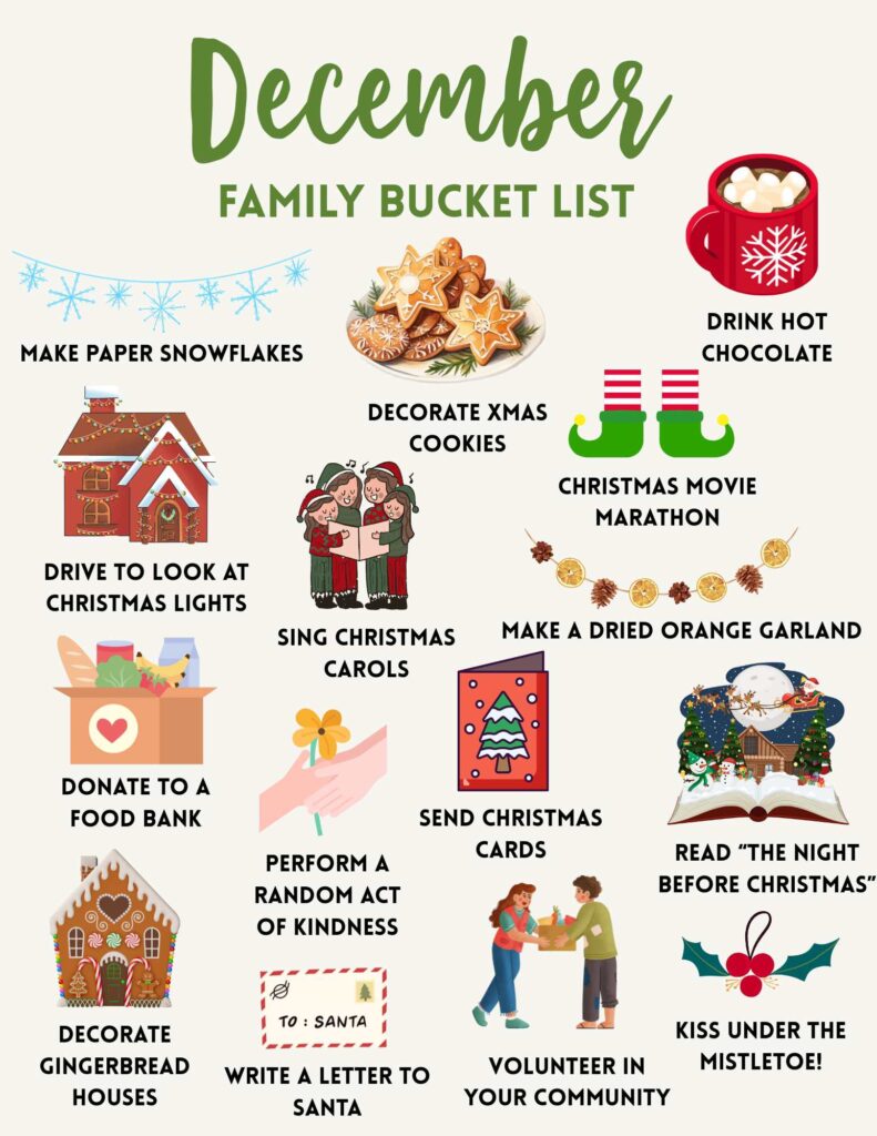 printable December bucket list with cartoon graphics