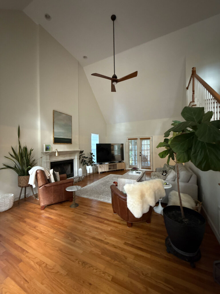 living room with vaulted ceiling