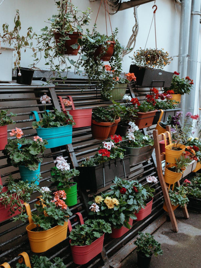 A vibrant vertical garden featuring colorful potted flowers on a wooden rack, perfect for urban gardening inspiration.