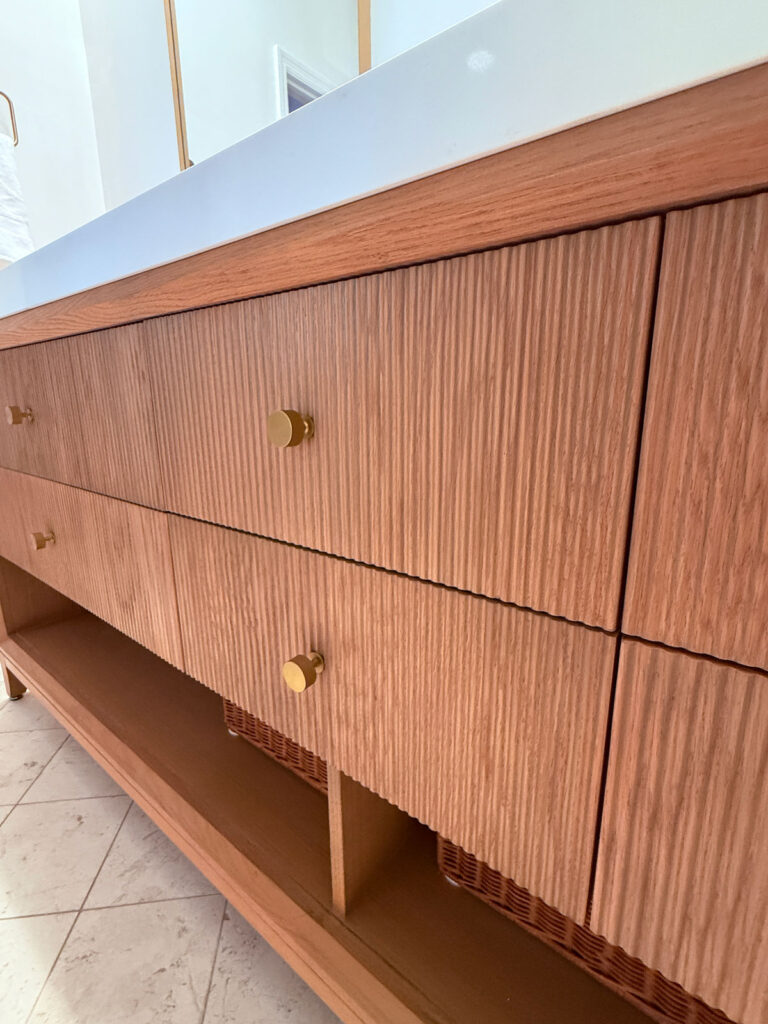 closeup of textured wood vanity