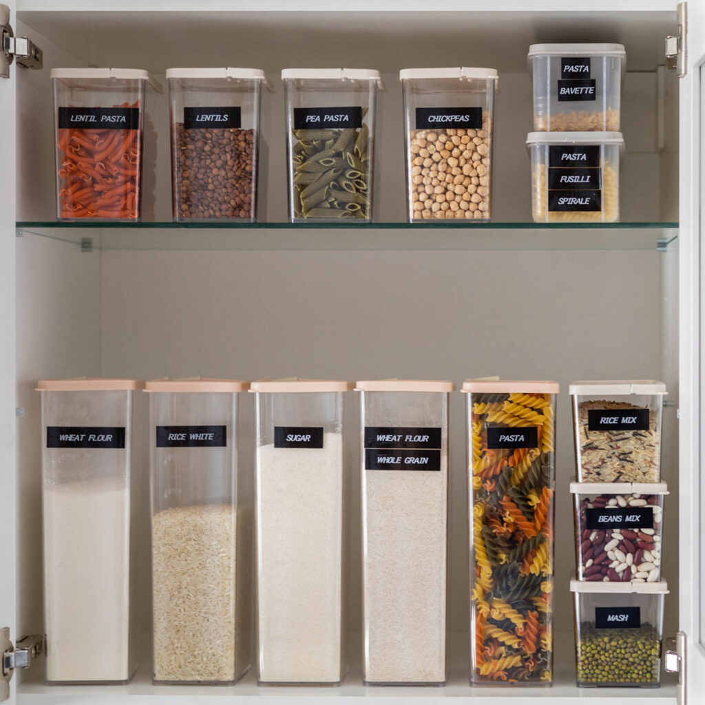 shelves with labeled food bins