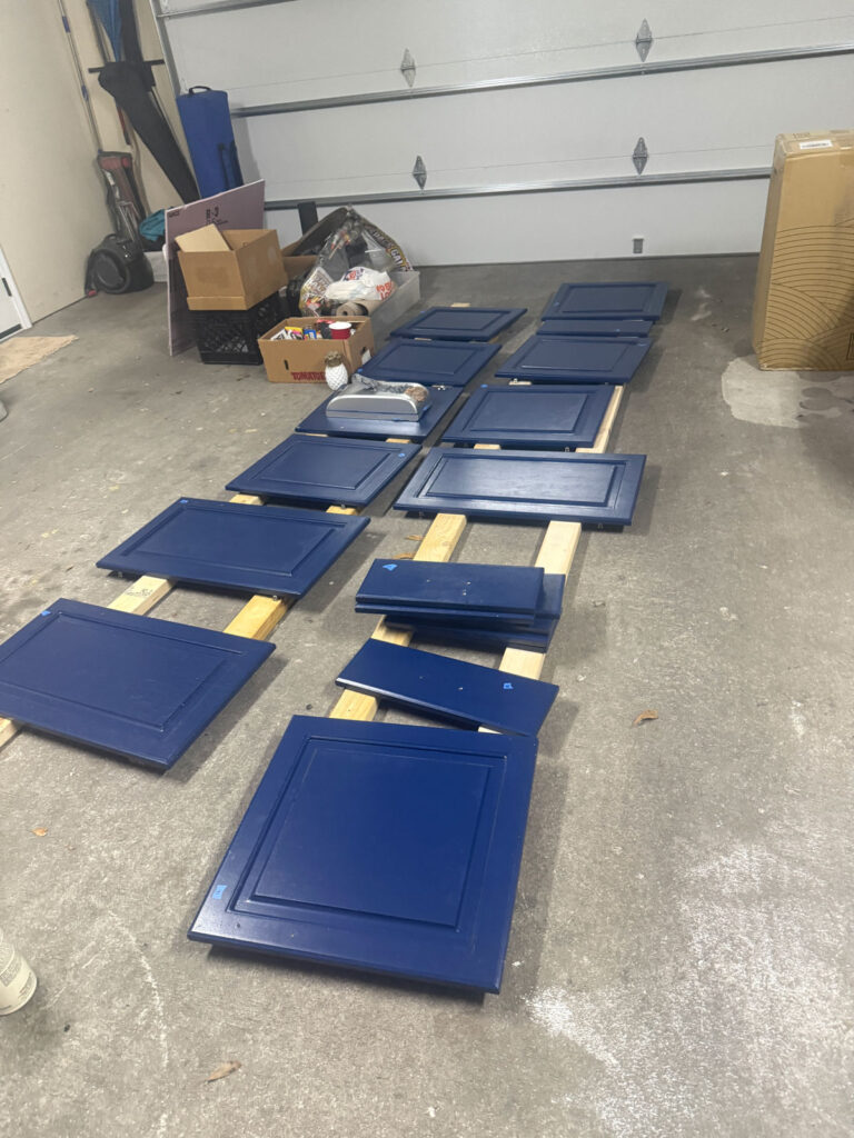blue cabinet doors in garage