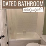 collage of dated bathroom with overlay text reading how to updated a dated bathroom