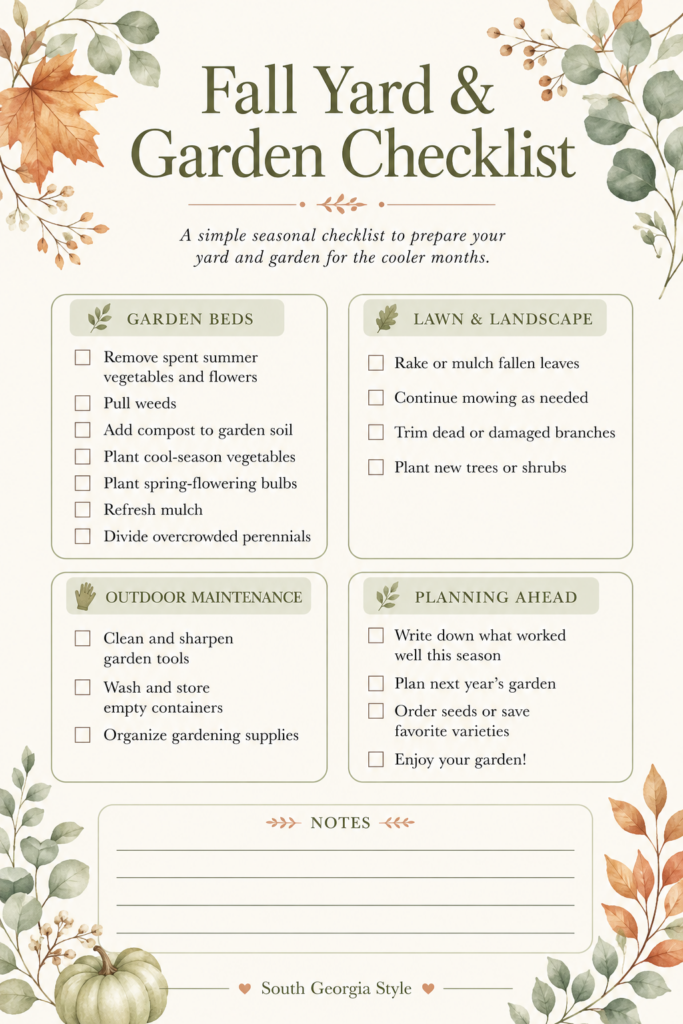 fall yard checklist printable with list of tasks to do in the yard and garden